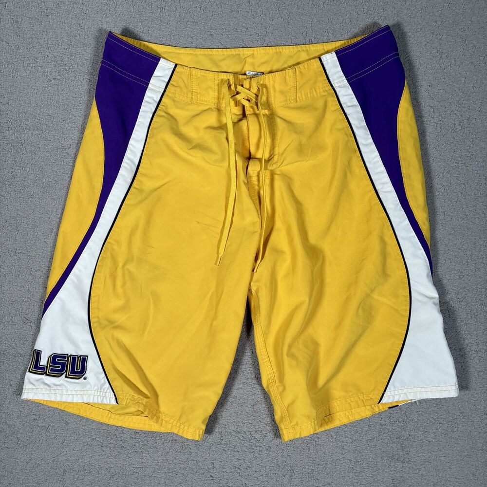 OP Men’s Size 33 Fit 34" LSU College Wear Board Shorts Yellow Purple Tie Waist
